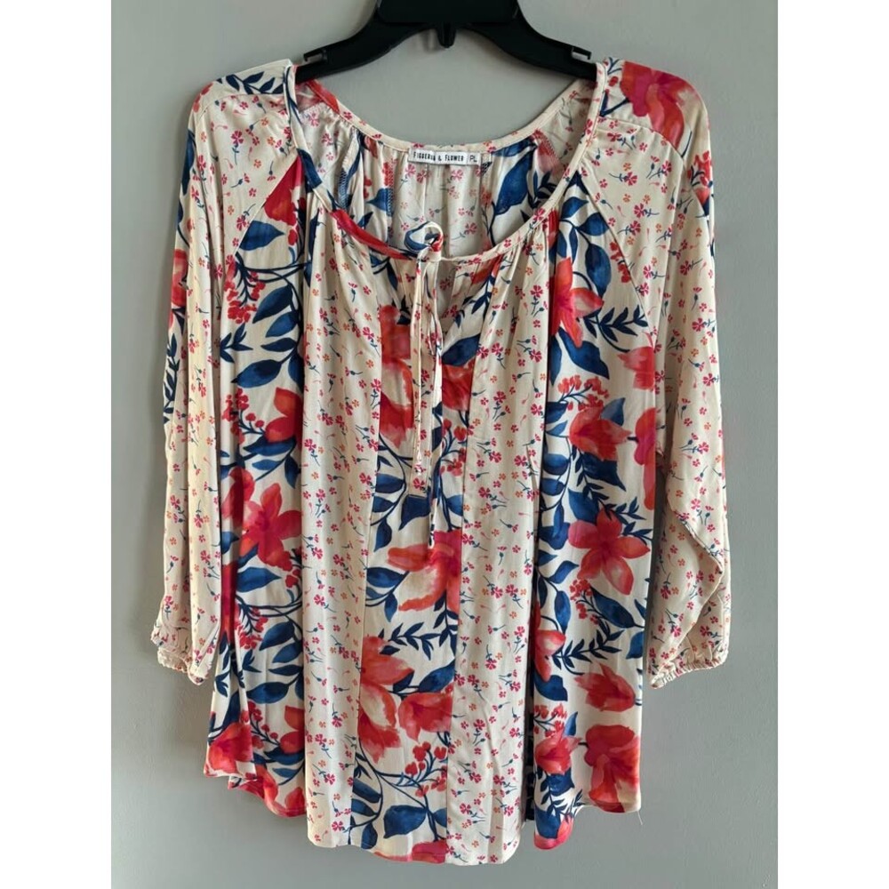 NWT Figueroa & Flower Floral Boho Peasant Blouse Cream Red Navy Size PL